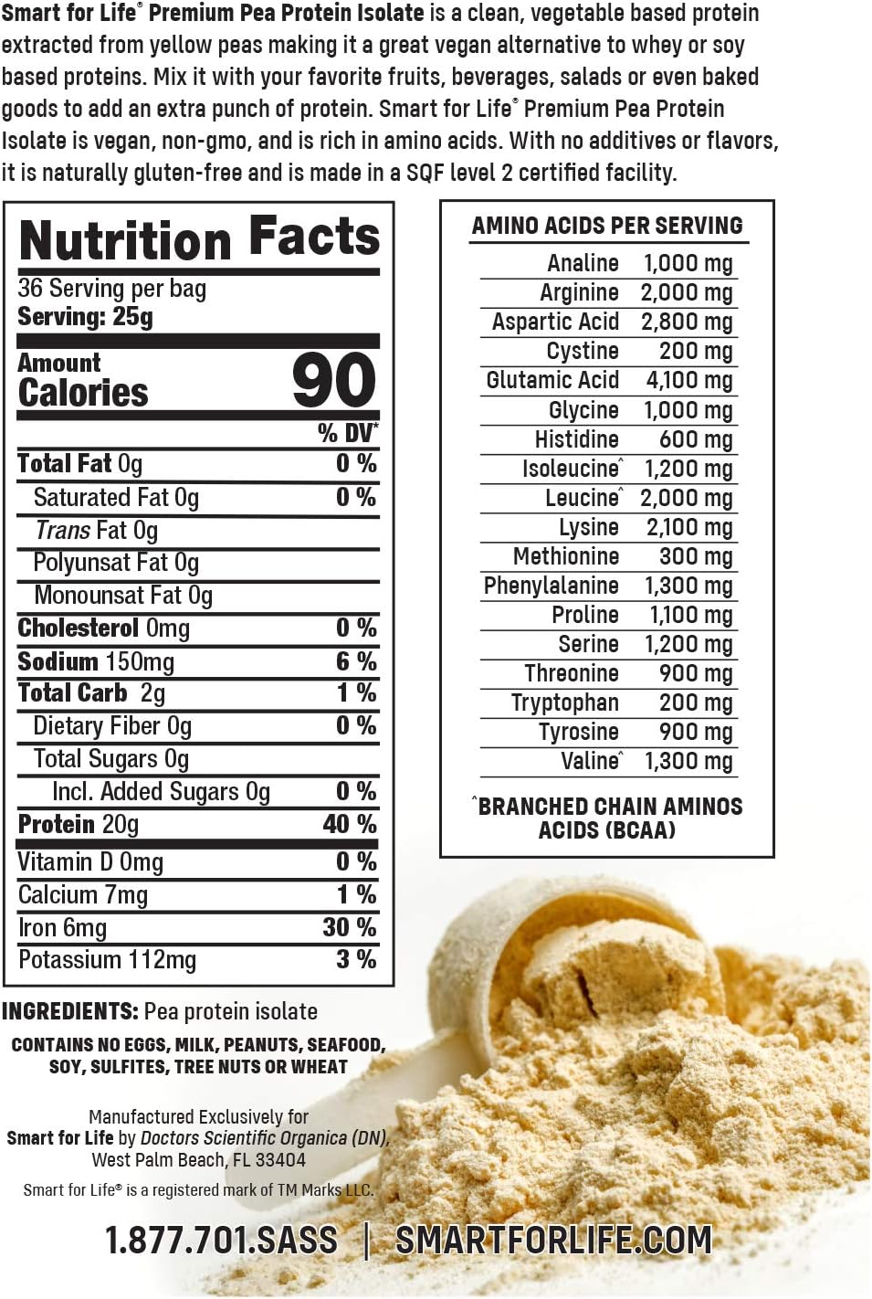 2lb Smart for Life Organic Vegan Pea Protein Shake - Keto & Vegetarian Friendly - BCAA's & Easy to Digest - Plant-Based Meal Replacement