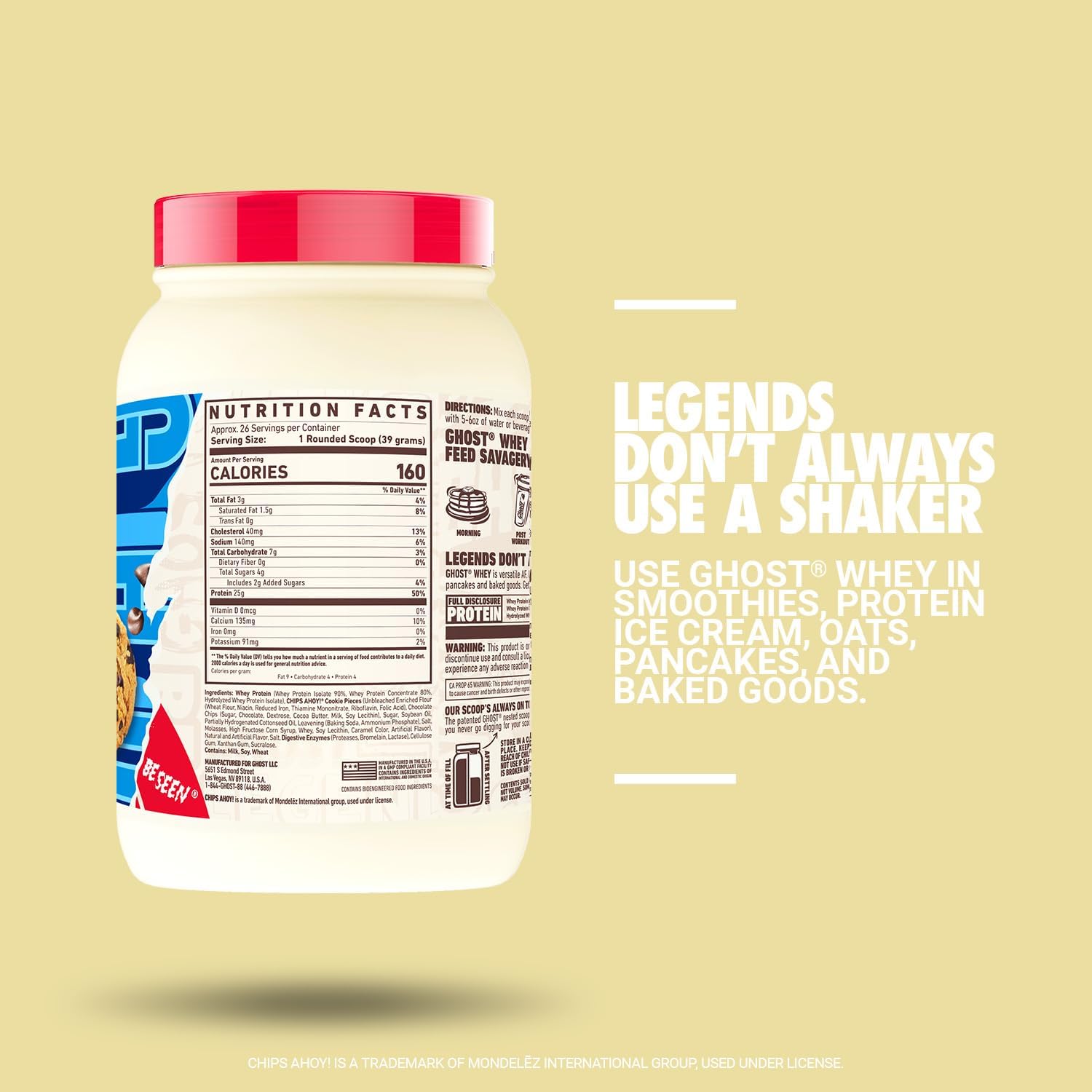 2LB Tub of GHOST Whey Protein Powder - Chocolate Chip Cookie Flavored Blend with 25G Protein