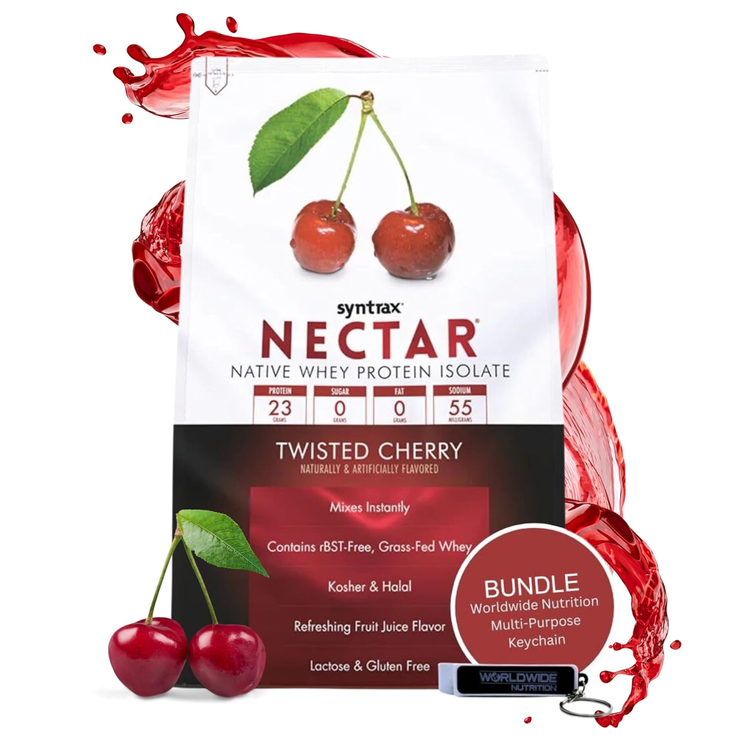 2lb Twisted Cherry Flavored Whey Isolate Protein Powder Bundle - Gluten & Lactose Free - Includes Nutrition Keychain