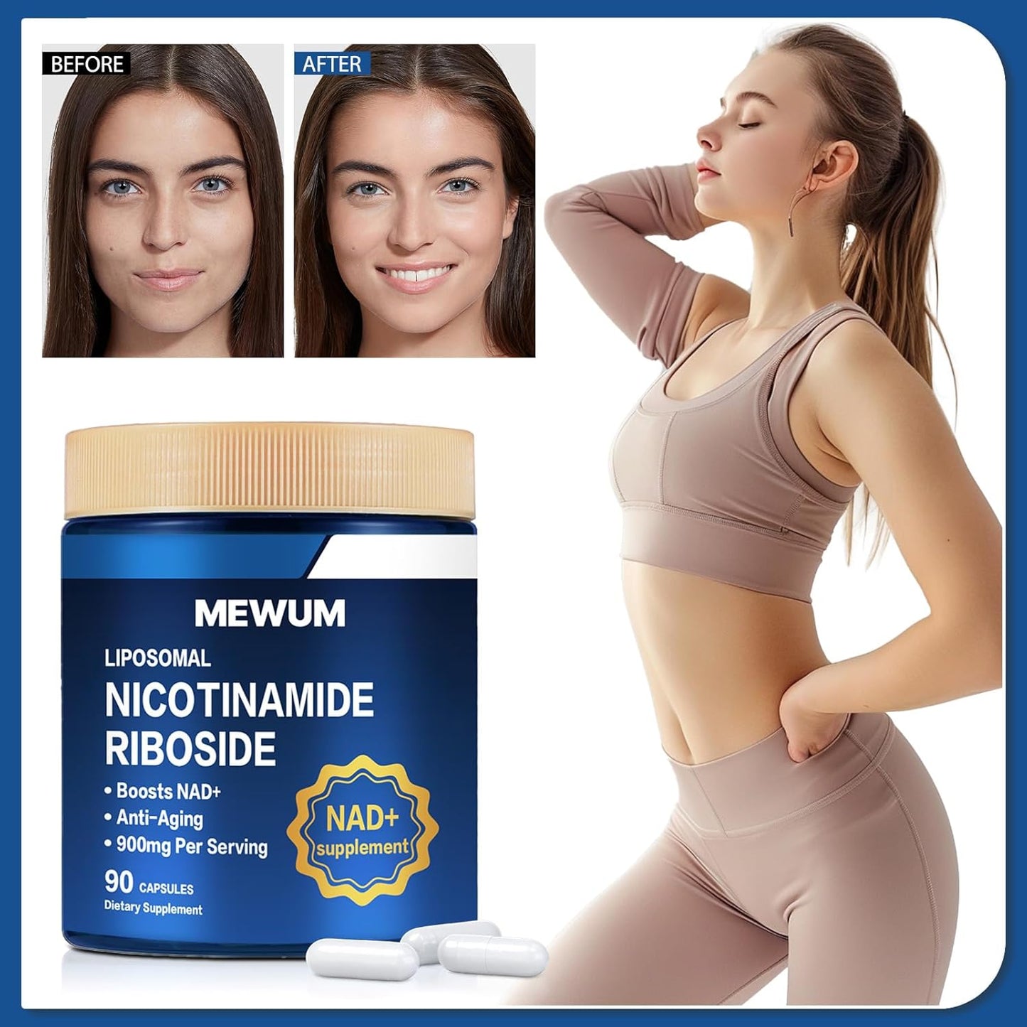 2PCS NAD+ Supplement with Resveratrol - 900 mg Liposomal Nicotinamide Riboside - Anti-Aging & Energy Support - 90 Capsules