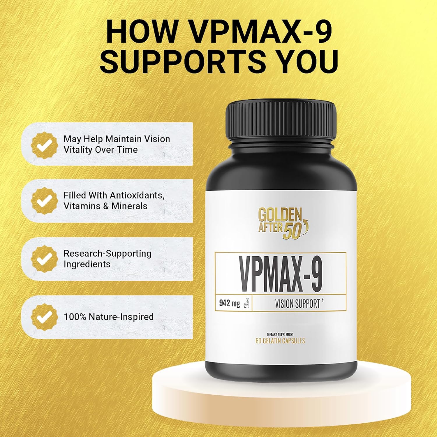 3 Bottles of Golden After 50 VpMax-9 Eye Vitamin Supplement with Lutein, Lycopene, and Bilberry Extract