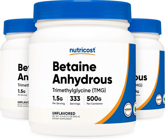 3 Bottles of Nutricost Betaine Anhydrous Trimethylglycine (TMG) Powder - 500G Each