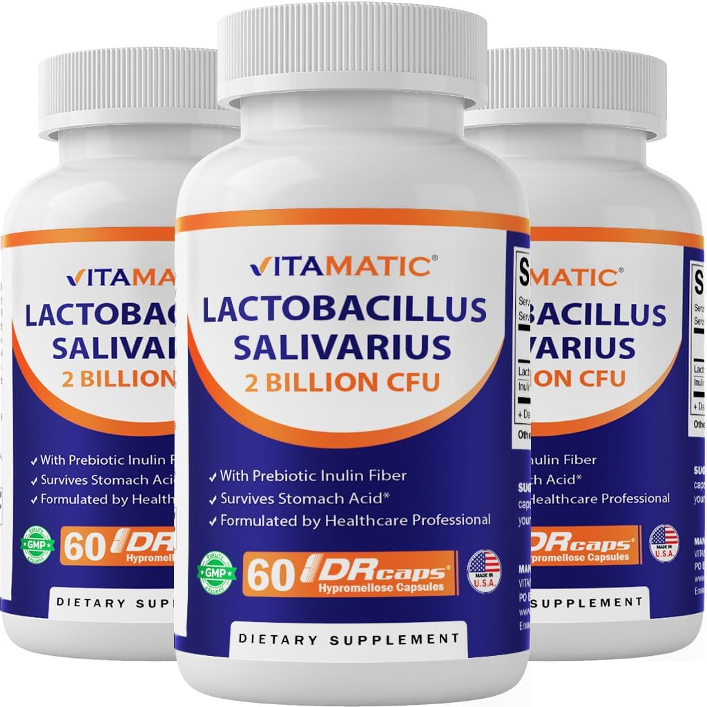 3 Bottles of Vitamatic Lactobacillus Salivarius DR Capsules - 60 Count Each - 2 Billion CFUs - Prebiotic Inulin Fiber - Digestive Health Support
