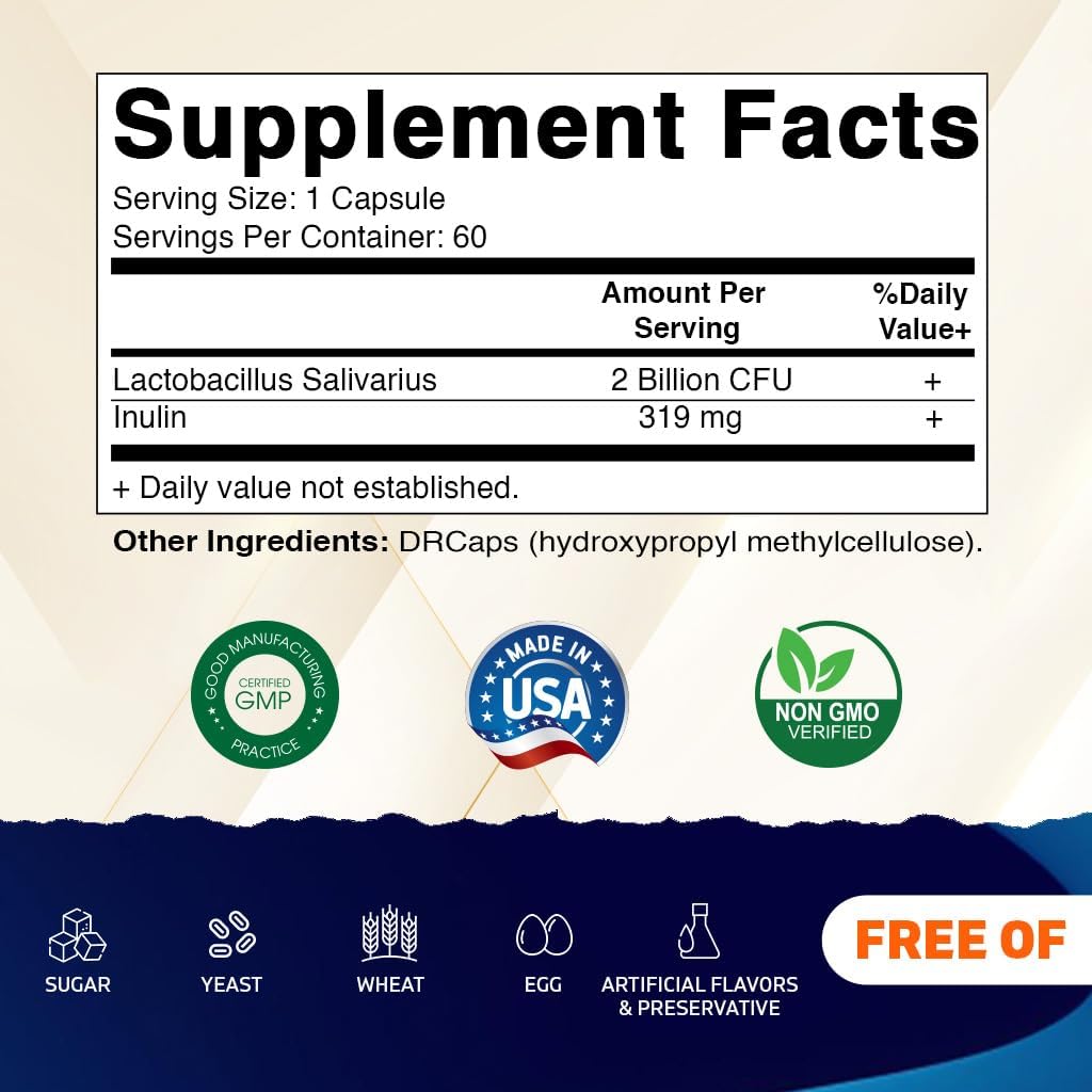 3 Bottles of Vitamatic Lactobacillus Salivarius DR Capsules - 60 Count Each - 2 Billion CFUs - Prebiotic Inulin Fiber - Digestive Health Support