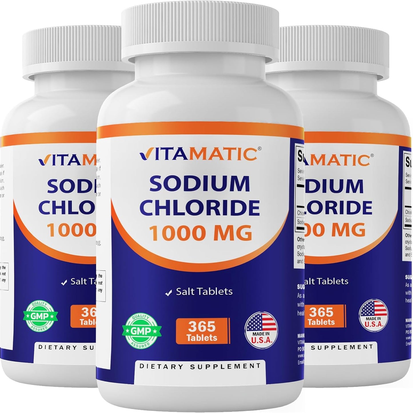 3 Bottles of Vitamatic Sodium Chloride 1000mg Salt Tablets - Non-GMO, Gluten Free - Electrolyte Replenisher for Hydration