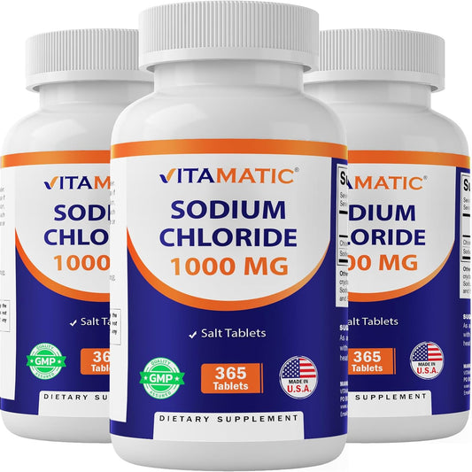 3 Bottles of Vitamatic Sodium Chloride 1000mg Salt Tablets - Non-GMO, Gluten Free - Electrolyte Replenisher for Hydration