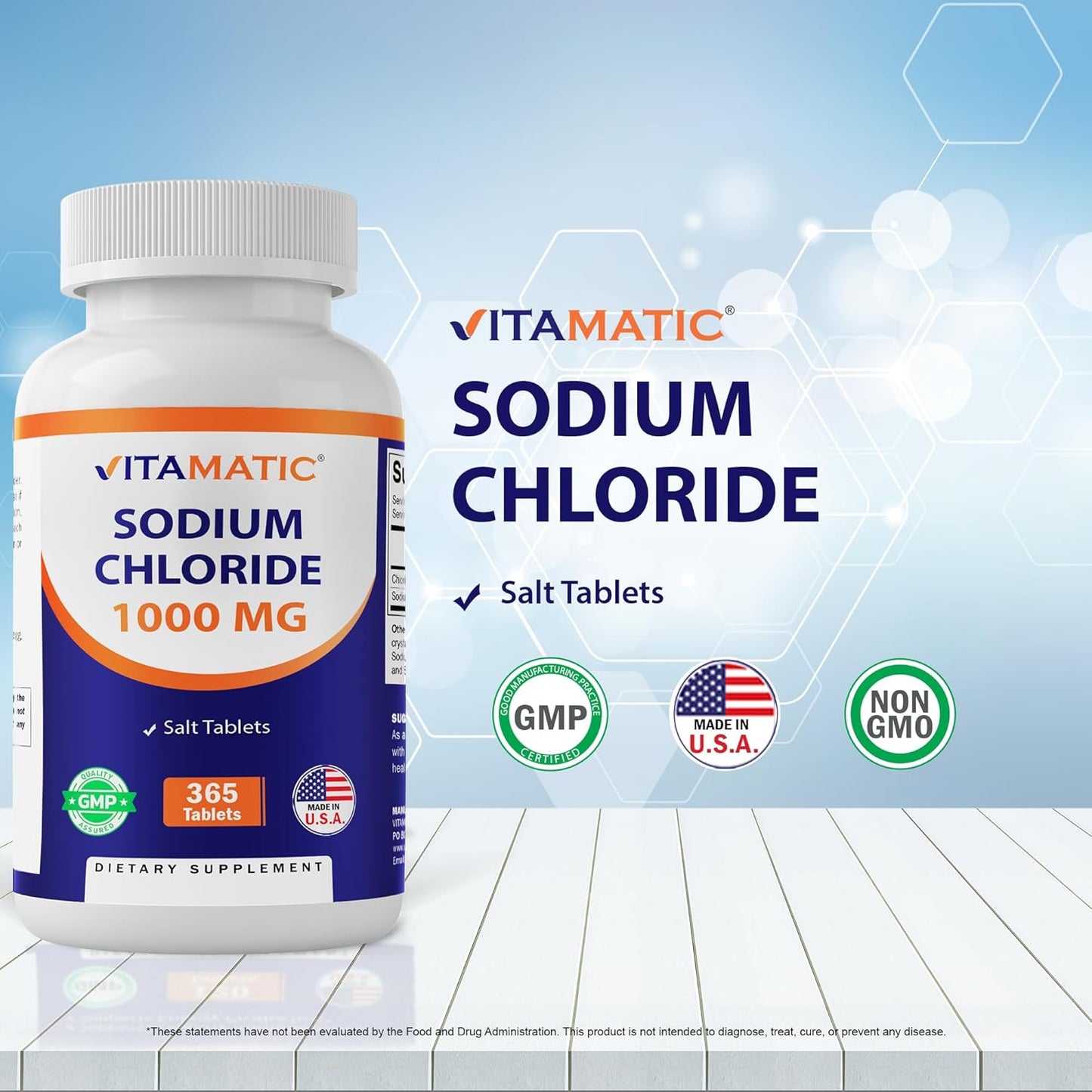 3 Bottles of Vitamatic Sodium Chloride 1000mg Salt Tablets - Non-GMO, Gluten Free - Electrolyte Replenisher for Hydration