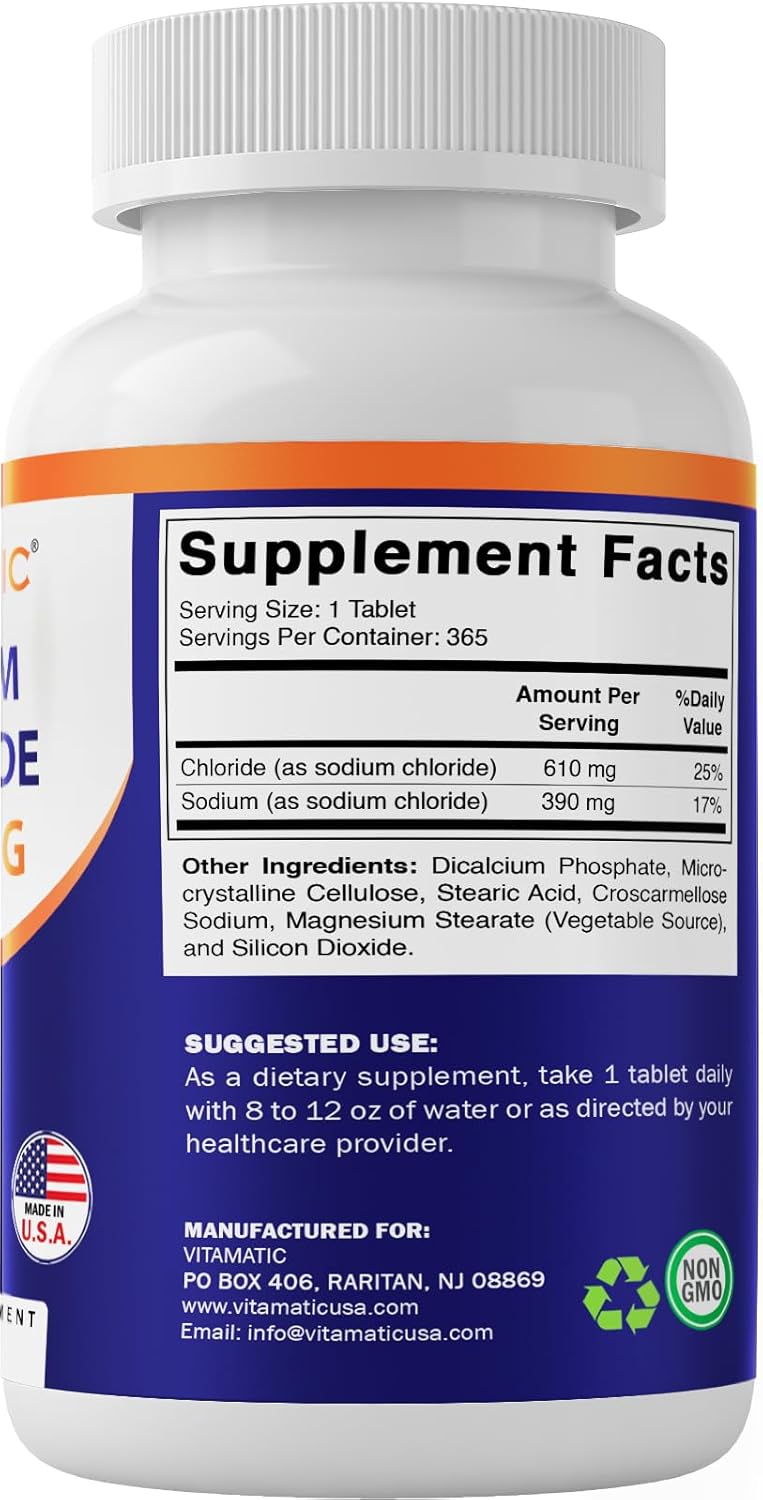 3 Bottles of Vitamatic Sodium Chloride 1000mg Salt Tablets - Non-GMO, Gluten Free - Electrolyte Replenisher for Hydration