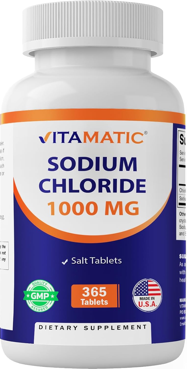 3 Bottles of Vitamatic Sodium Chloride 1000mg Salt Tablets - Non-GMO, Gluten Free - Electrolyte Replenisher for Hydration
