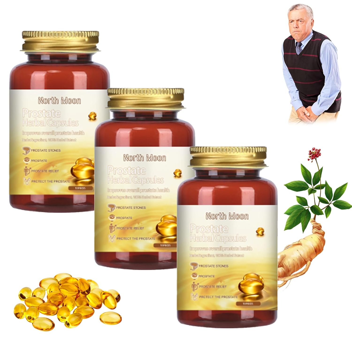 3 Bottles of Vulvv North Moon Prostate Health Herbal Capsules for Men - Natural Prostate Support Supplement