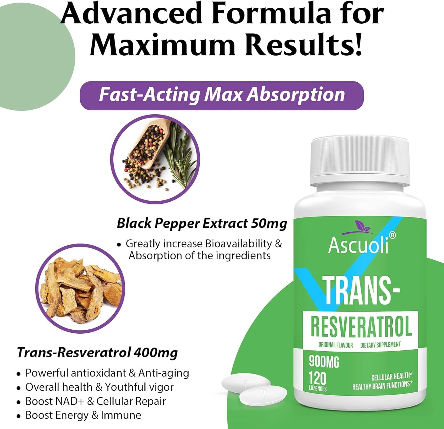 3-in-1 Sublingual Trans-Resveratrol Supplement - 99% Purity, NAD+ Boost, Immune Support, Anti-Aging - 120 Lozenges