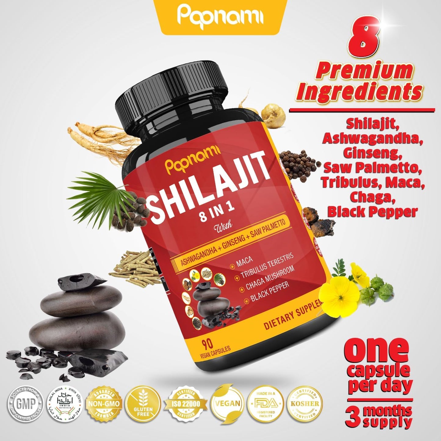 3 Month Supply Papnami Shilajit Himalayan Capsules with Ashwagandha, Ginseng, Saw Palmetto, Maca, Tribulus, Chaga, and Black Pepper