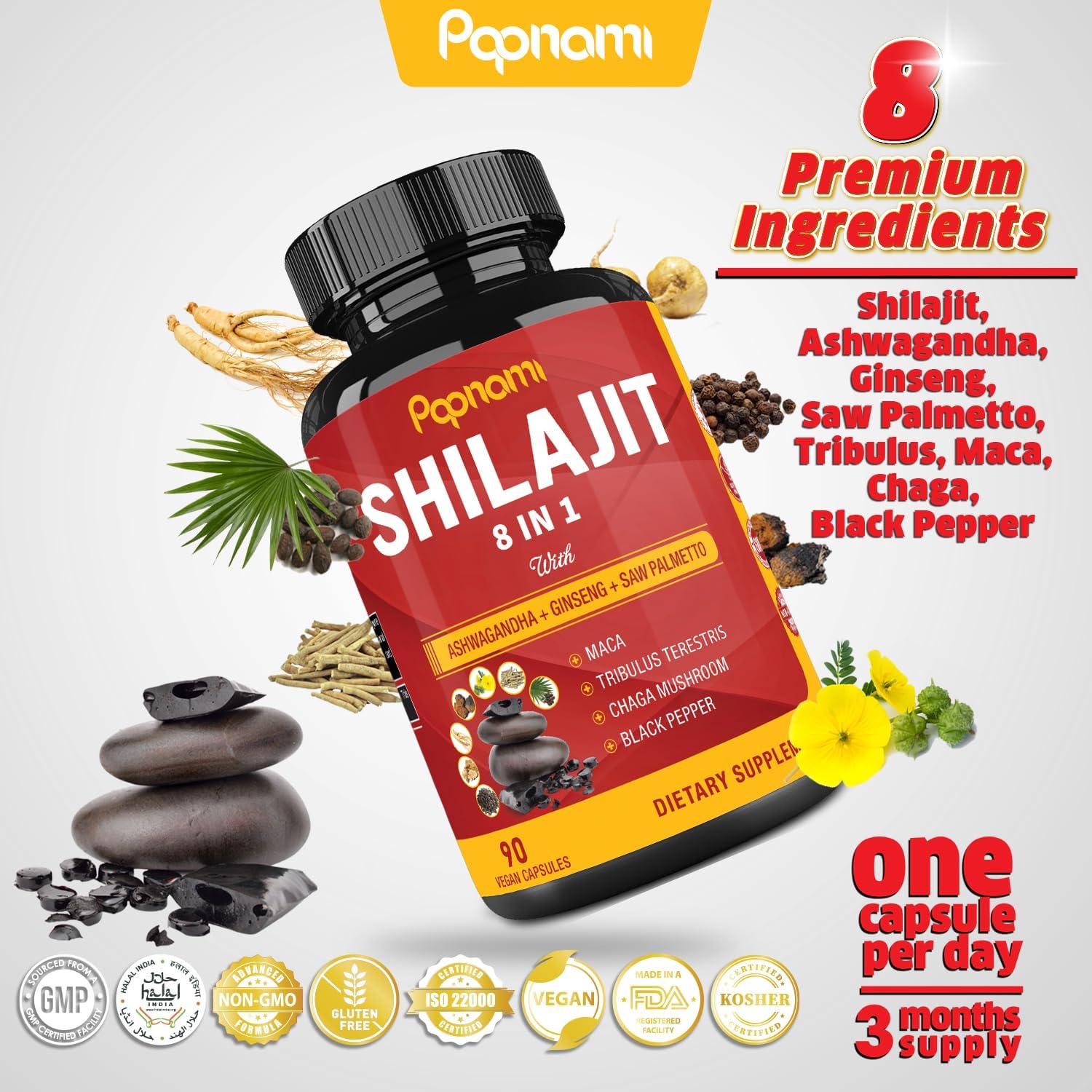 3 Month Supply Papnami Shilajit Himalayan Capsules with Ashwagandha, Ginseng, Saw Palmetto, Maca, Tribulus, Chaga, and Black Pepper