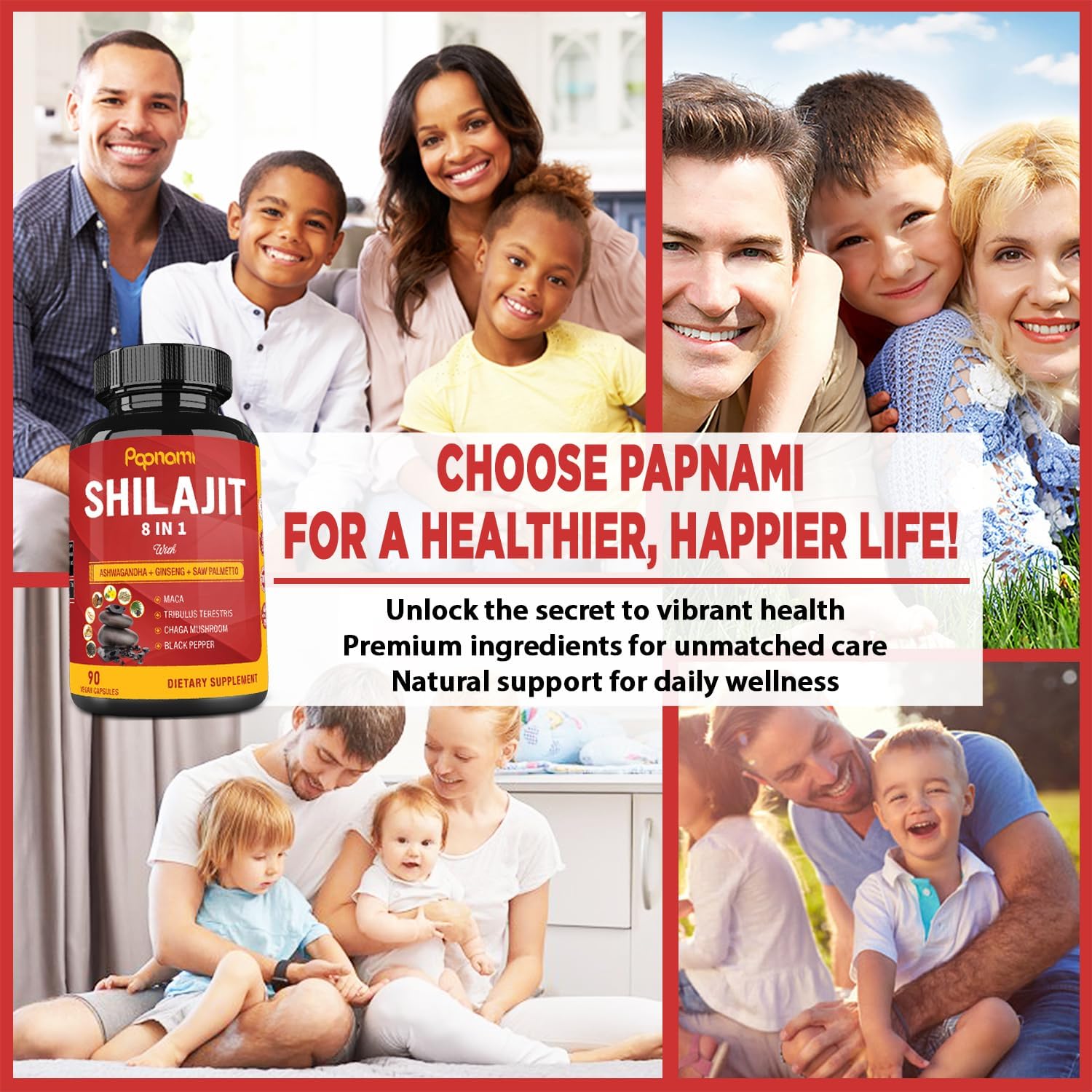 3 Month Supply Papnami Shilajit Himalayan Capsules with Ashwagandha, Ginseng, Saw Palmetto, Maca, Tribulus, Chaga, and Black Pepper