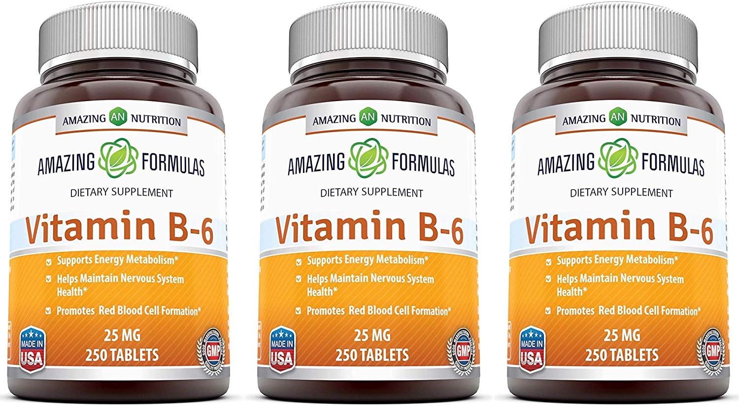 3 Pack Amazing Formulas Vitamin B6 Pyridoxine 25mg 250 Tablets - Non-GMO, Gluten Free, Made in USA - Dietary Supplement