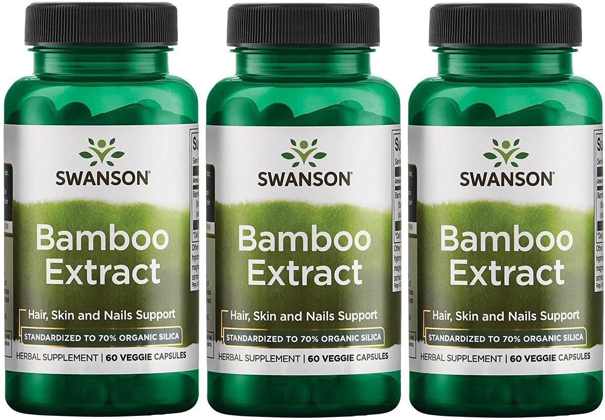 3 Pack Bamboo Extract Supplement for Hair, Skin, Nails - High Silica Content for Collagen & Bone Growth - 60 Veggie Capsules, 300mg
