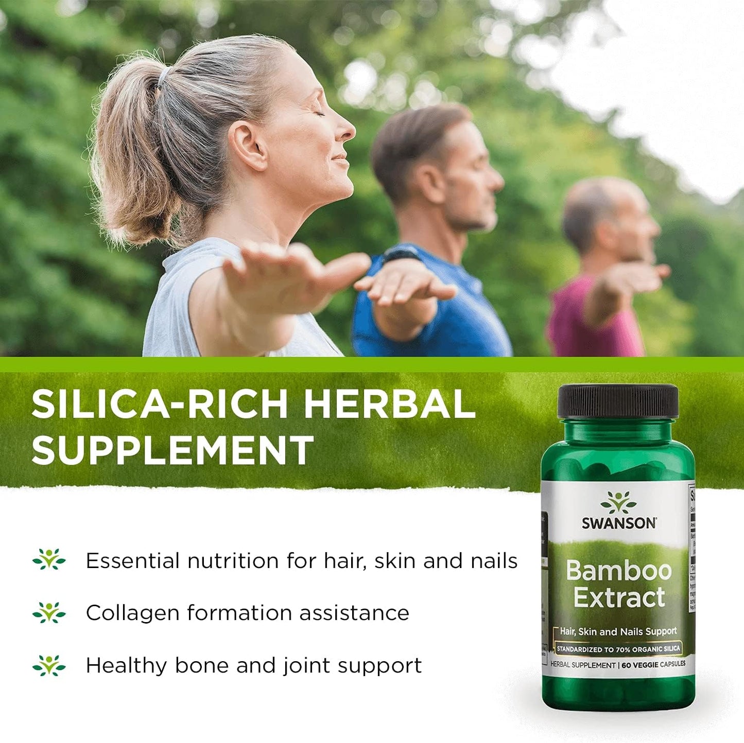 3 Pack Bamboo Extract Supplement for Hair, Skin, Nails - High Silica Content for Collagen & Bone Growth - 60 Veggie Capsules, 300mg