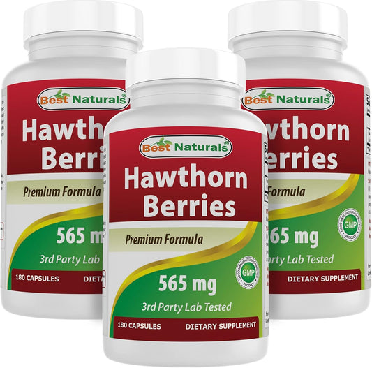 3-Pack Best Naturals Hawthorn Berry 565 mg Capsules - 180 Count per Bottle - Total of 540 Capsules