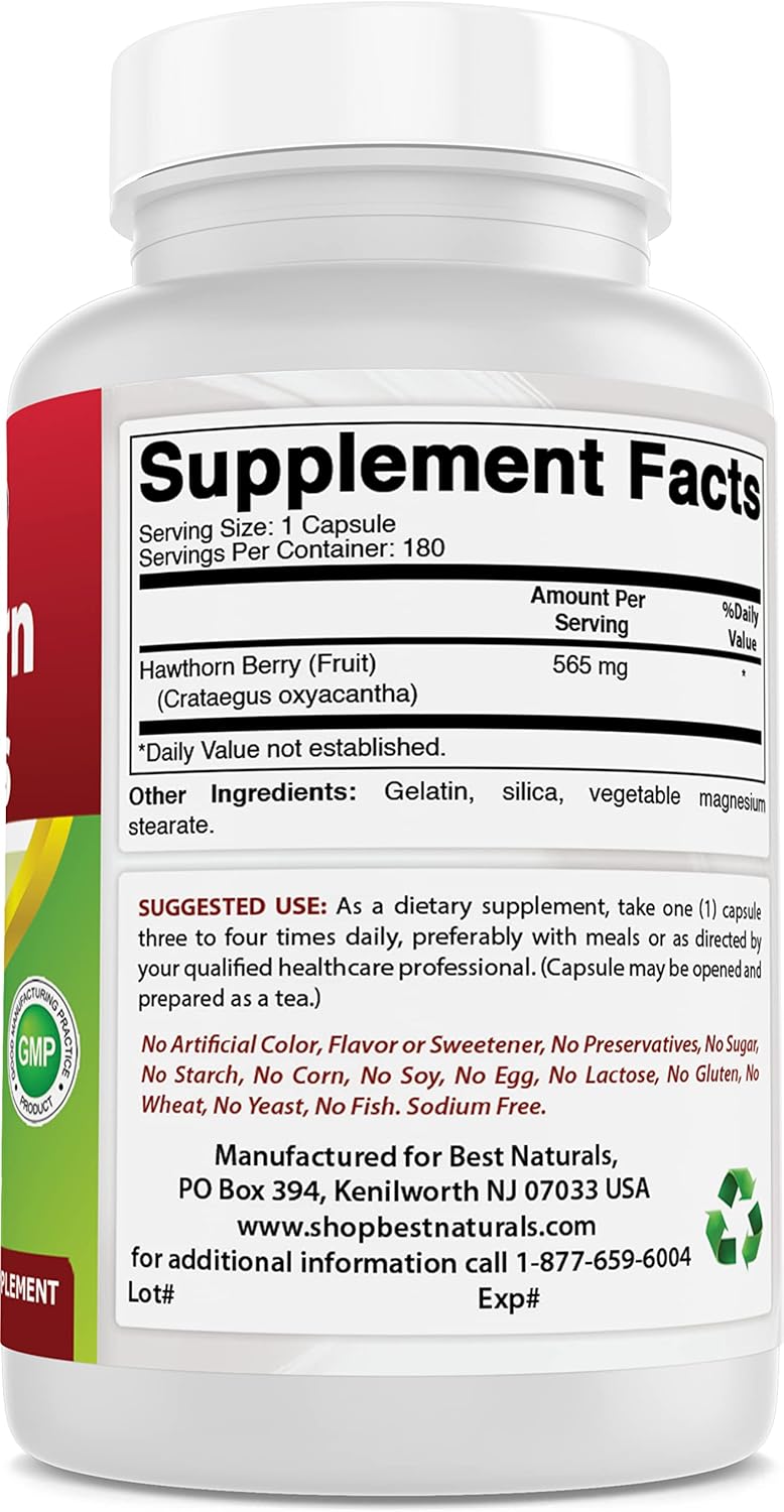 3-Pack Best Naturals Hawthorn Berry 565 mg Capsules - 180 Count per Bottle - Total of 540 Capsules