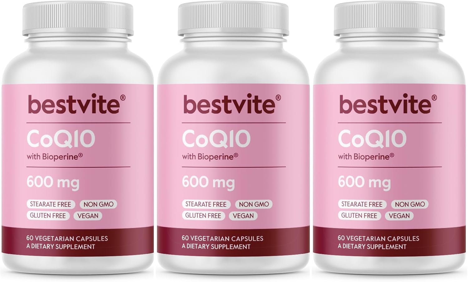 3-Pack BESTVITE Coenzyme CoQ10 600mg Capsules with Bioperine - Naturally Fermented, Vegan, Non GMO, Gluten Free