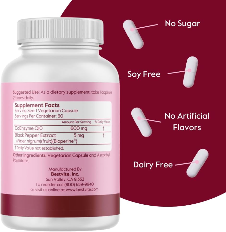 3-Pack BESTVITE Coenzyme CoQ10 600mg Capsules with Bioperine - Naturally Fermented, Vegan, Non GMO, Gluten Free