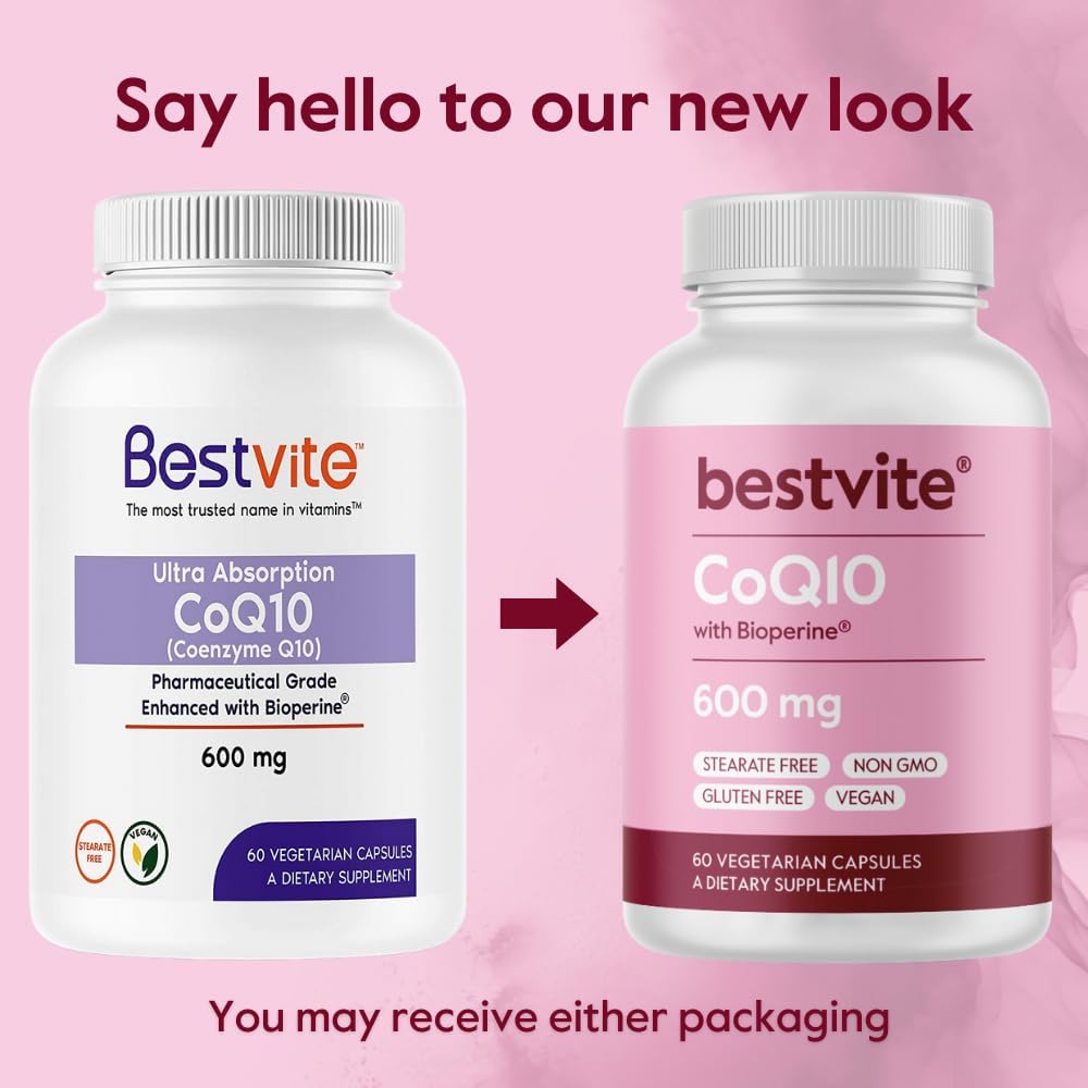 3-Pack BESTVITE Coenzyme CoQ10 600mg Capsules with Bioperine - Naturally Fermented, Vegan, Non GMO, Gluten Free