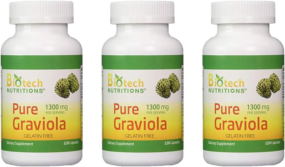 3-Pack Biotech Nutritions Graviola 100% Pure Graviola 1300mg Per Serving Capsules (Annona muricata)