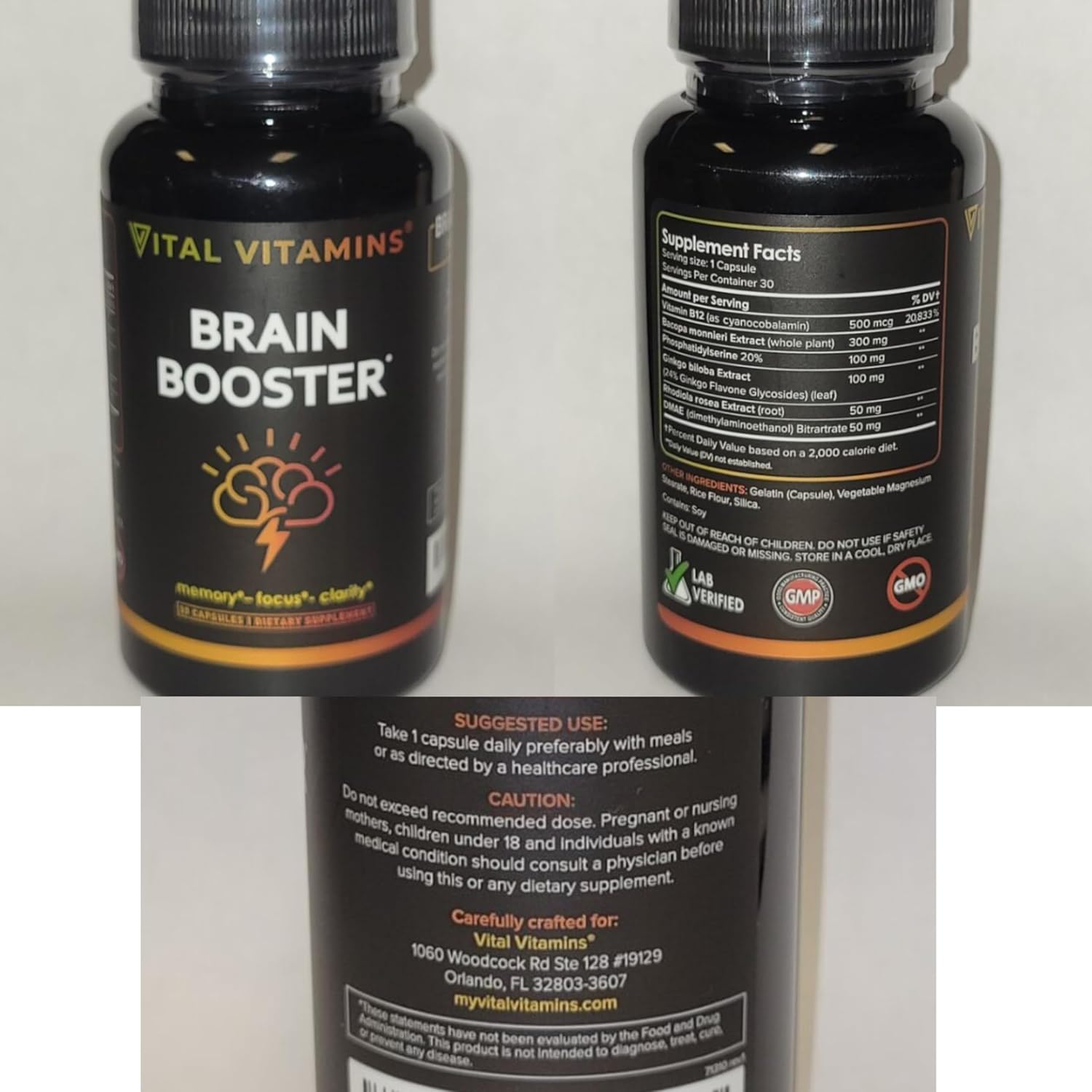 3 Pack Brain Supplements for Memory, Focus, and Energy - Nootropic Brain Support with Vitamin B12, Gingko Biloba, and DMAE