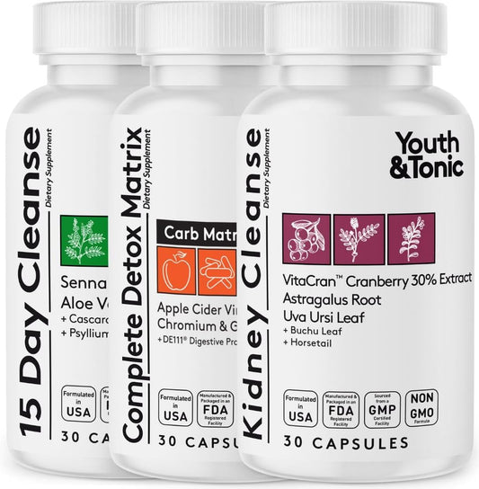 3-Pack Bundle: Youth & Tonic Whole Body Cleanse - 15 Day Colon Cleanser, System Alkalizing, Detox Matrix, Kidney Cleanse - Promotes Urinary Tract & Bladder Health