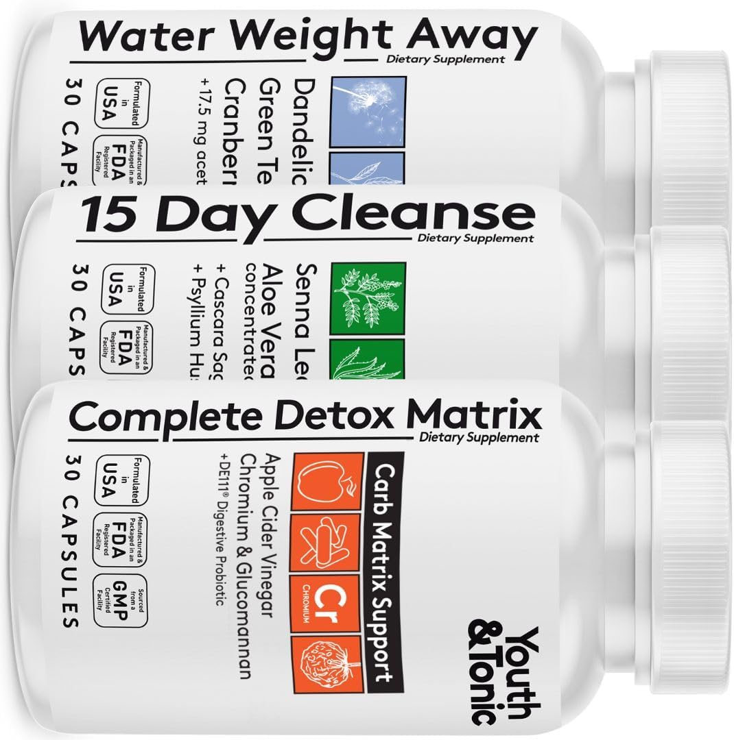 3-Pack Detox Cleanse Kit for Weight Management - Colon Cleanser, Water Loss Pills, Probiotics, Dandelion, ACV - Boost Metabolism, Reduce Bloating - 90 Pills