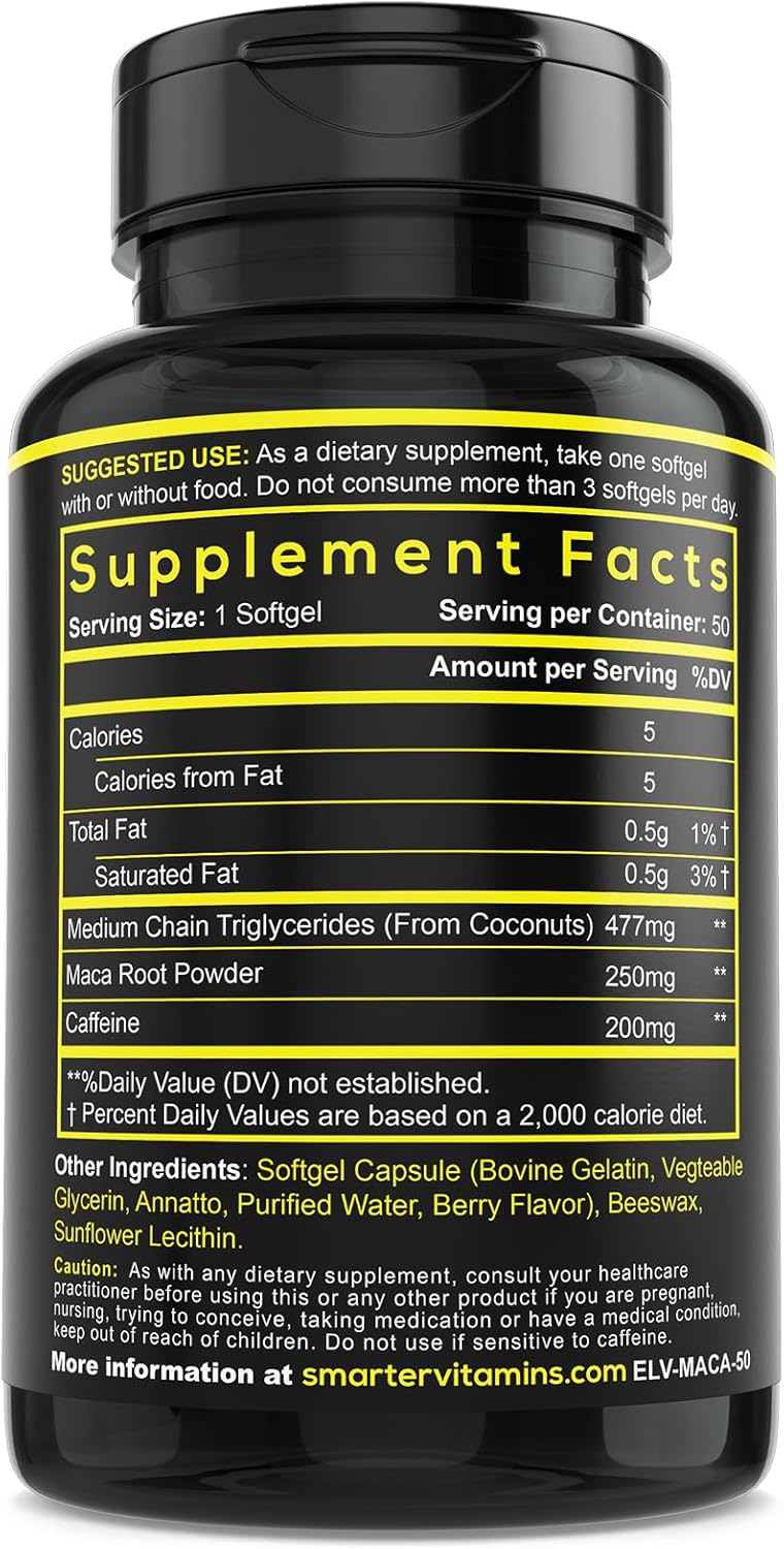 3 Pack Energy Pills with 200mg Caffeine, Coconut MCT Oil, Maca Root - 150 Softgels by SmarterVitamins
