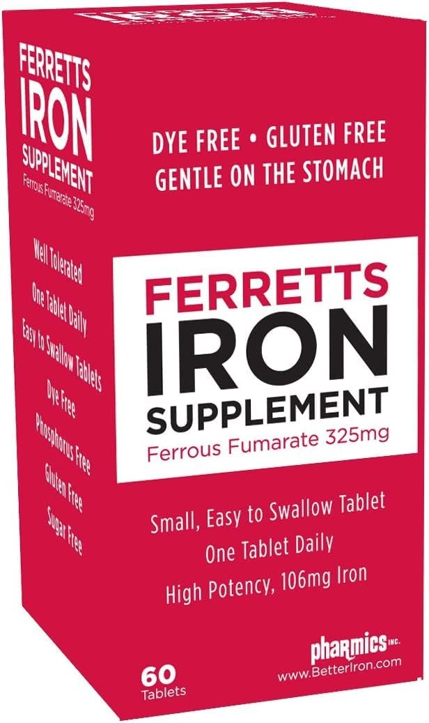 3-Pack Ferretts Tablets Iron Supplement (325 mg Ferrous Fumarate) - Boost Iron Levels and Energy