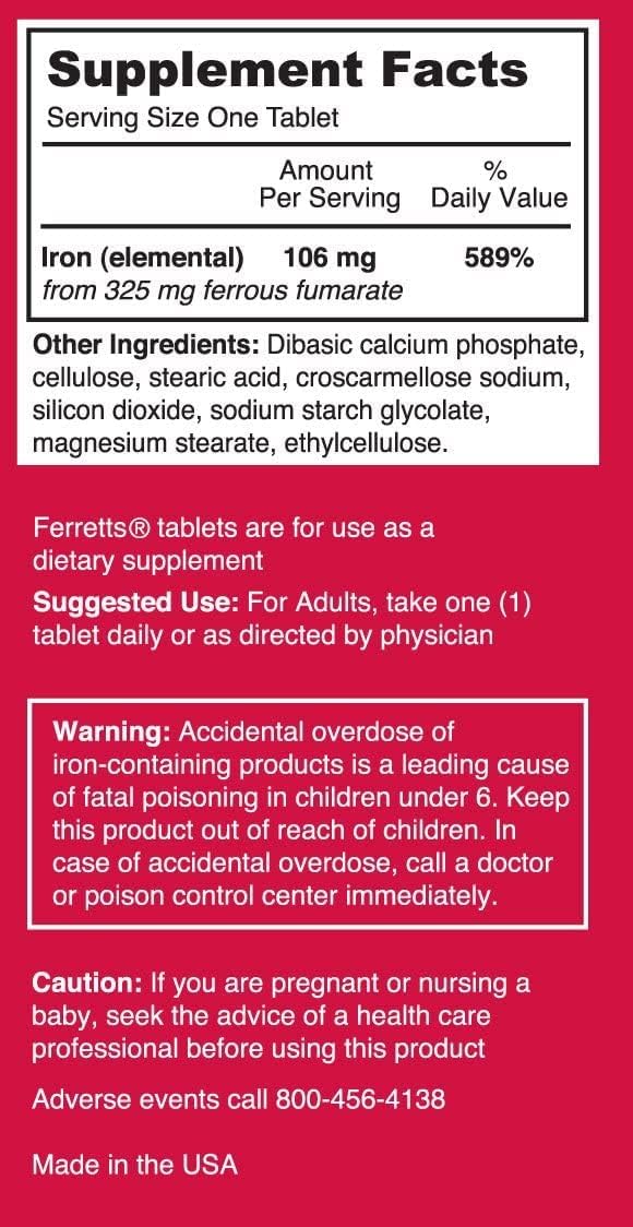 3-Pack Ferretts Tablets Iron Supplement (325 mg Ferrous Fumarate) - Boost Iron Levels and Energy