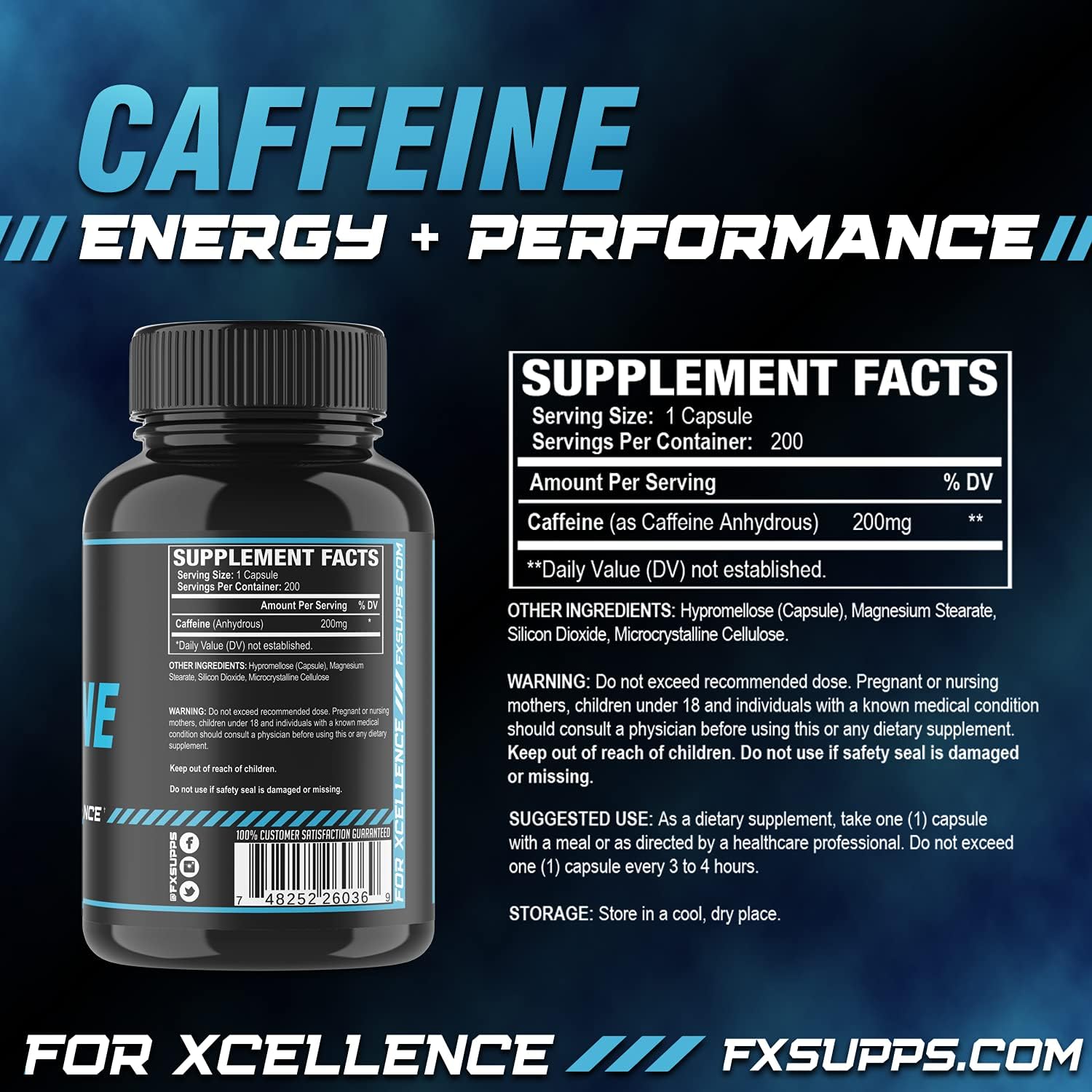 3-Pack FXSUPPS Caffeine 200mg Pills - Fast Acting Energy Supplement for Men and Women - Enhances Focus, Memory, & Metabolism Boost