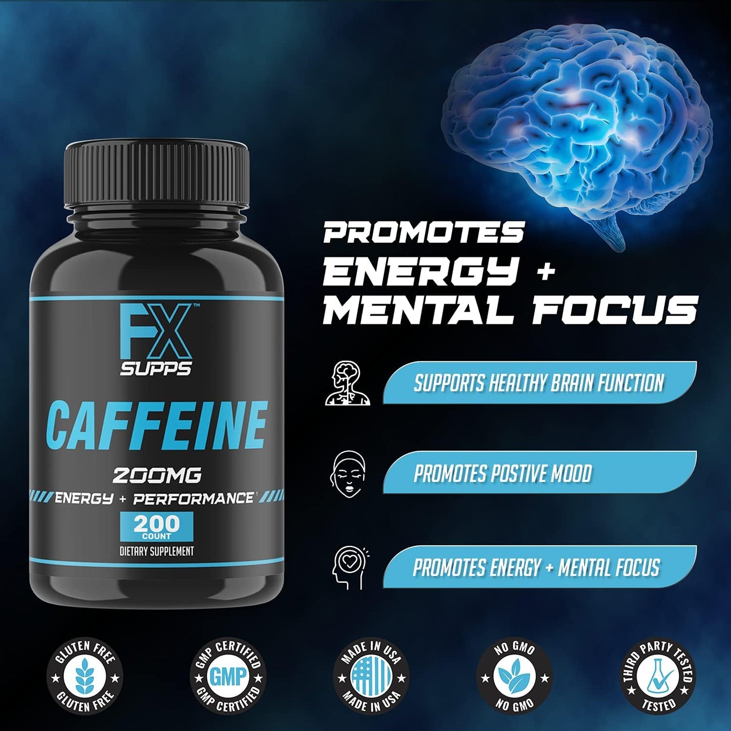 3-Pack FXSUPPS Caffeine 200mg Pills - Fast Acting Energy Supplement for Men and Women - Enhances Focus, Memory, & Metabolism Boost