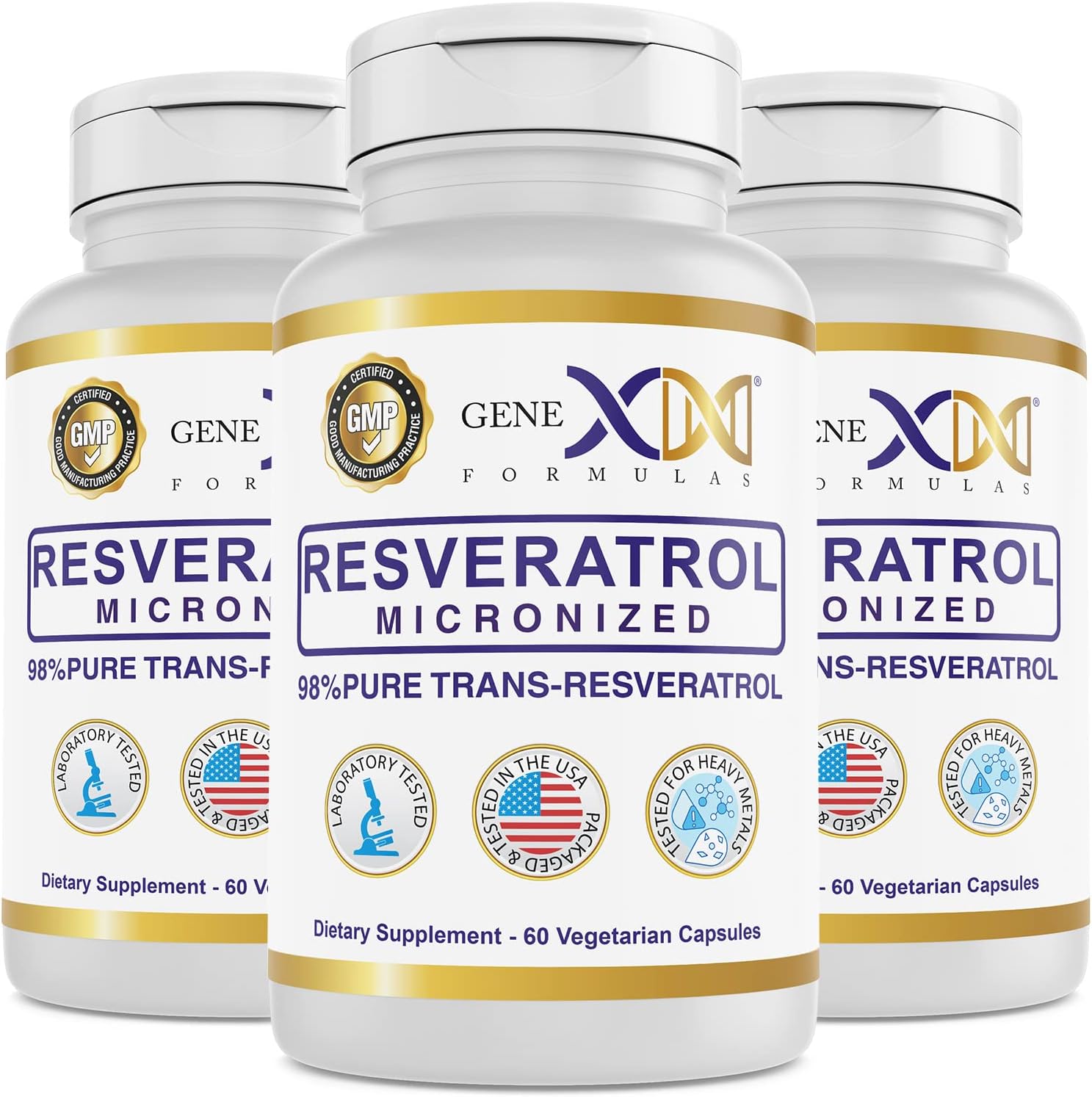 3 Pack Genex Formulas 98% Pure Trans-Resveratrol Capsules with BioPerine® - 600mg Micronized, Lab-Tested for Healthy Aging