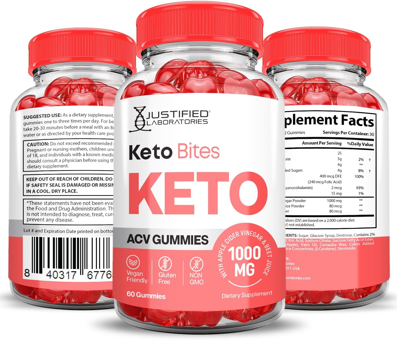 3 Pack Keto Bites Gummies with ACV & B12 | 1000MG Advanced Formula | Vegan & Non GMO | Apple Cider Vinegar & Pomegranate Beet Juice Powder