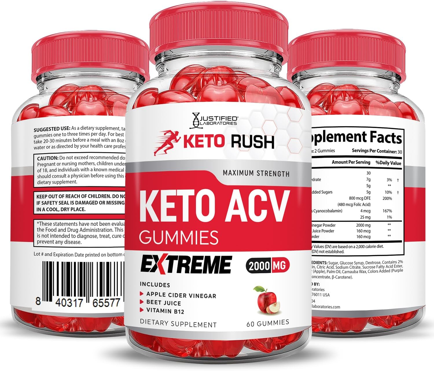 3 Pack Keto Rush Keto ACV Gummies - Extreme 2000MG Apple Cider Vinegar with Pomegranate & Beet Juice - B12 Vegan Non GMO - 180 Gummys