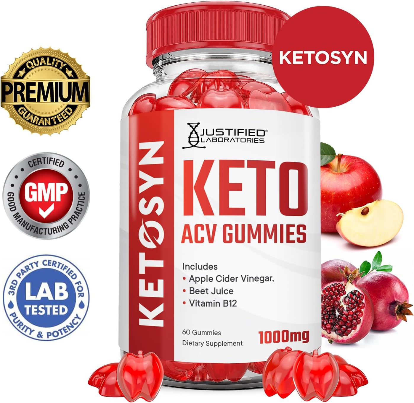 3 Pack Ketosyn Keto ACV Gummies with Pomegranate Beet Juice - 1000MG Advanced Formula - Vegan & Non GMO - 180 Gummies