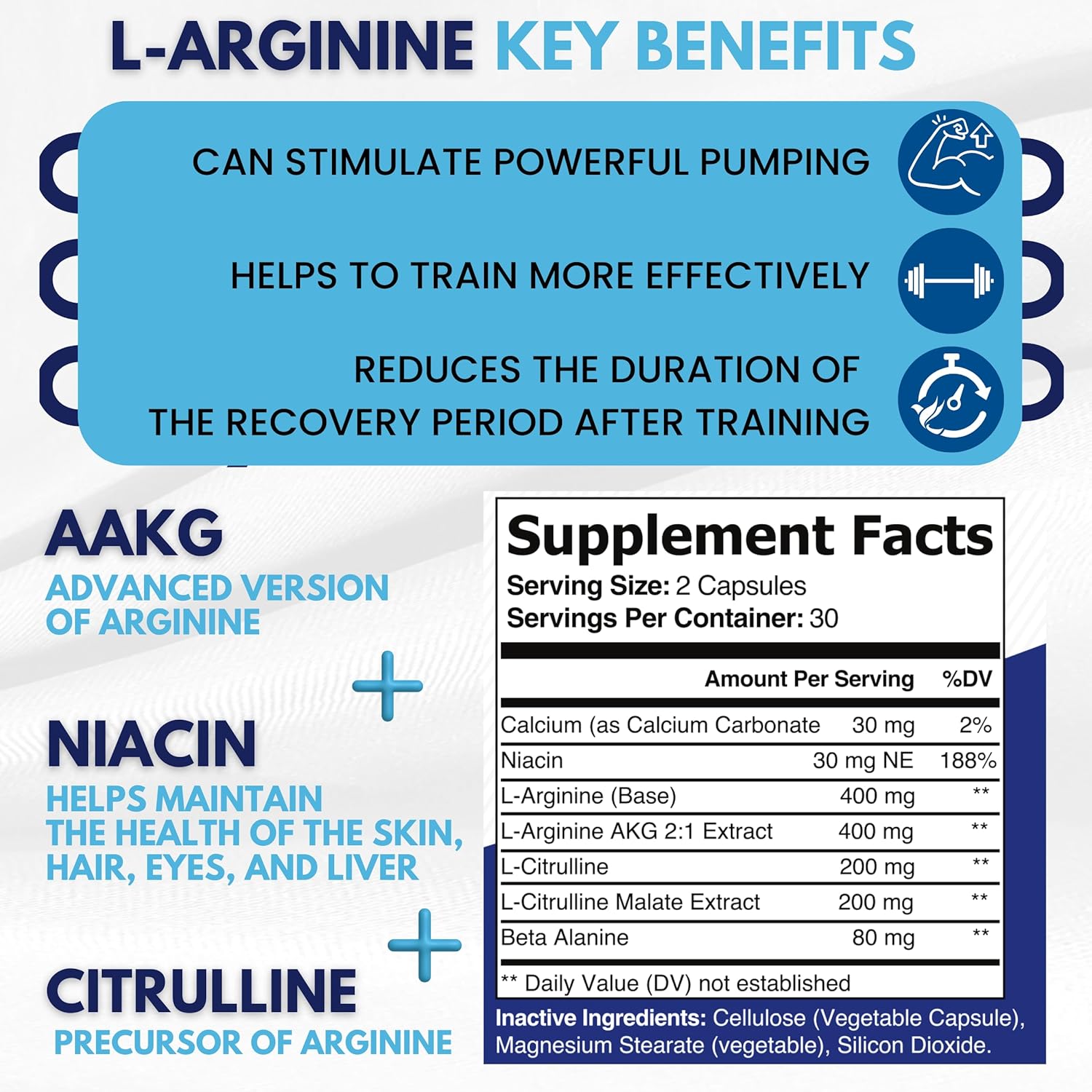 3-Pack L-Arginine Plus Supplement with Calcium, Niacin, L-Citrulline, and Beta Alanine - 180 Capsules