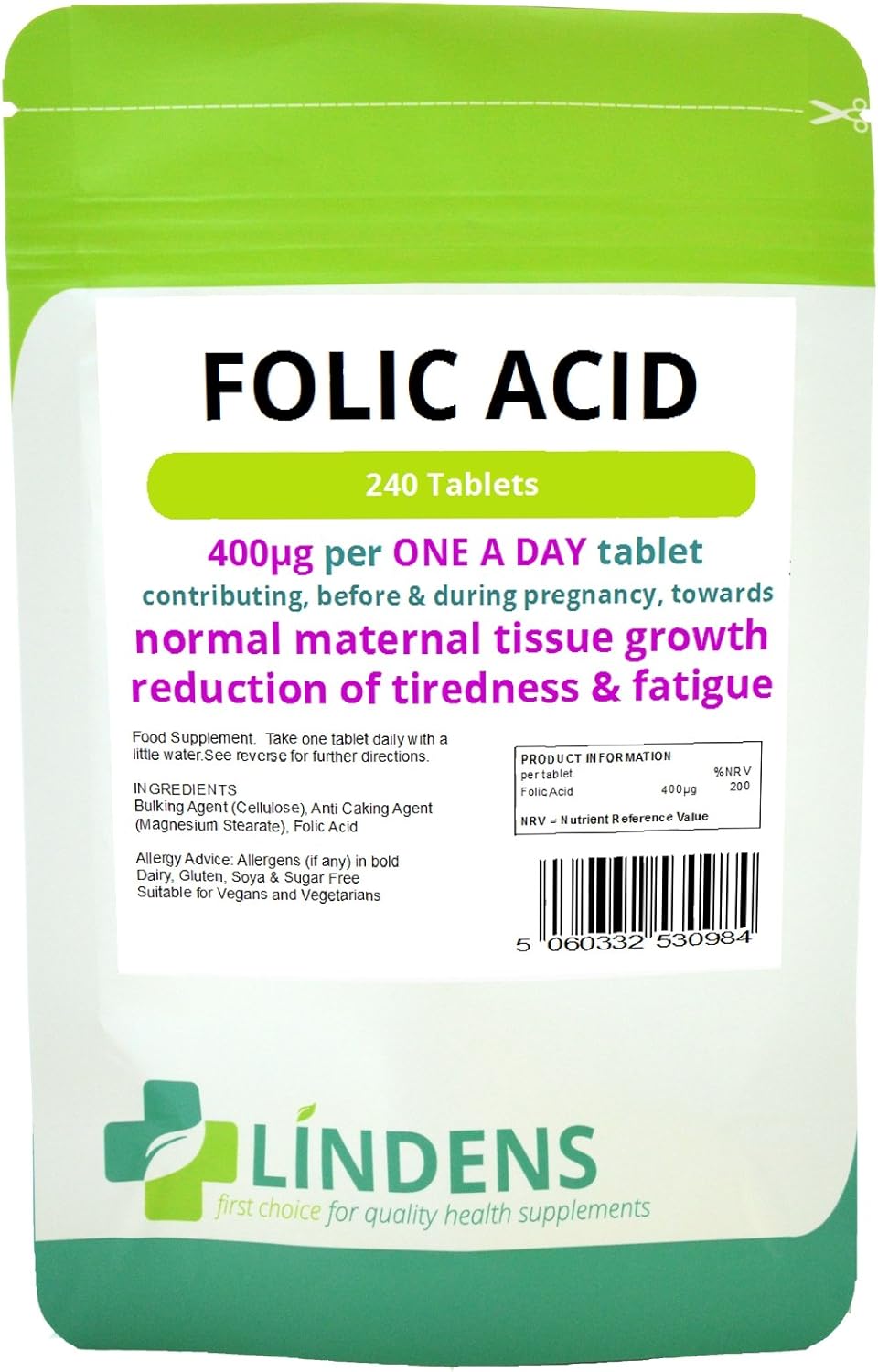 3-Pack Lindens Folic Acid Tablets, 720 Tablets, 400mcg - Daily One A Day Supplement (folacin, Vitamin B-9)