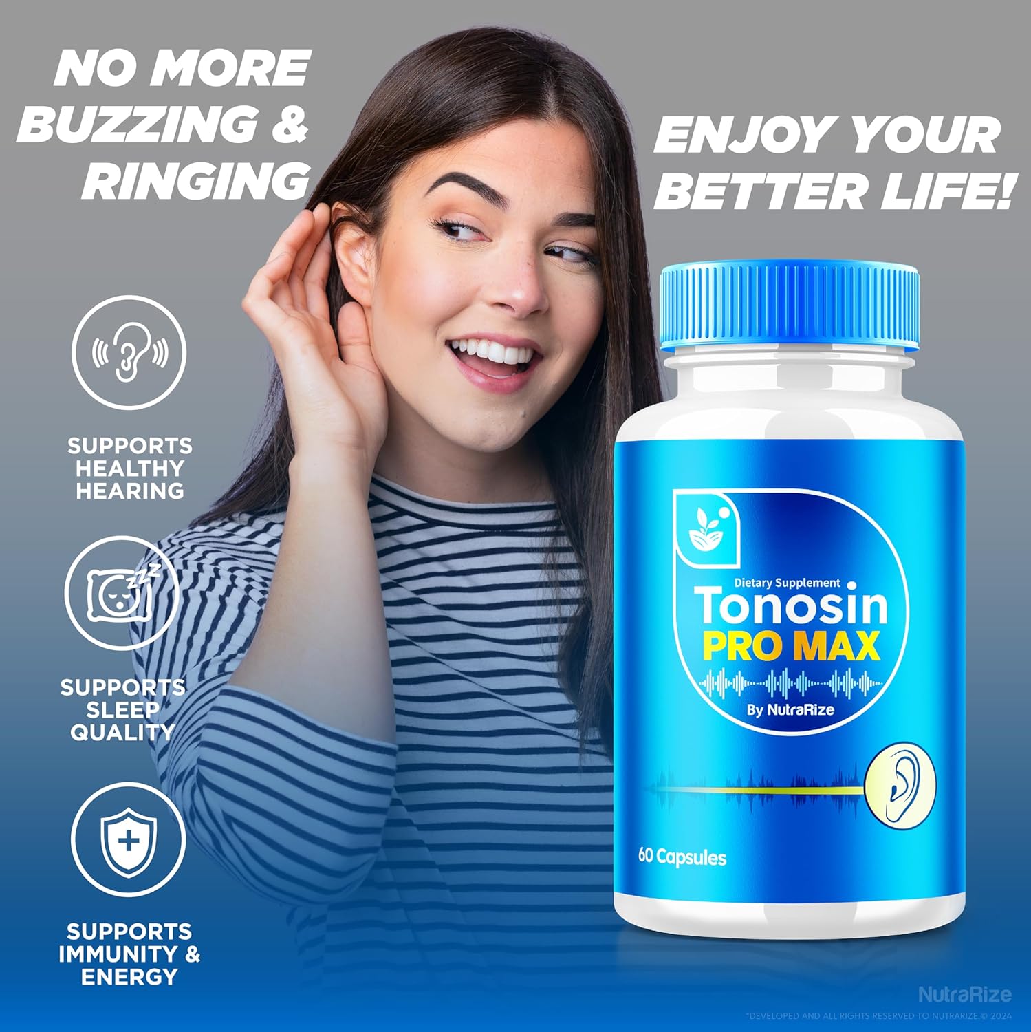 3 Pack NutraRize Tonosin Pro Max Capsules - Official All-Natural Supplement for Inner Ear Health - Premium Hearing Support - TonosinProMax Reviews - 180 Capsules