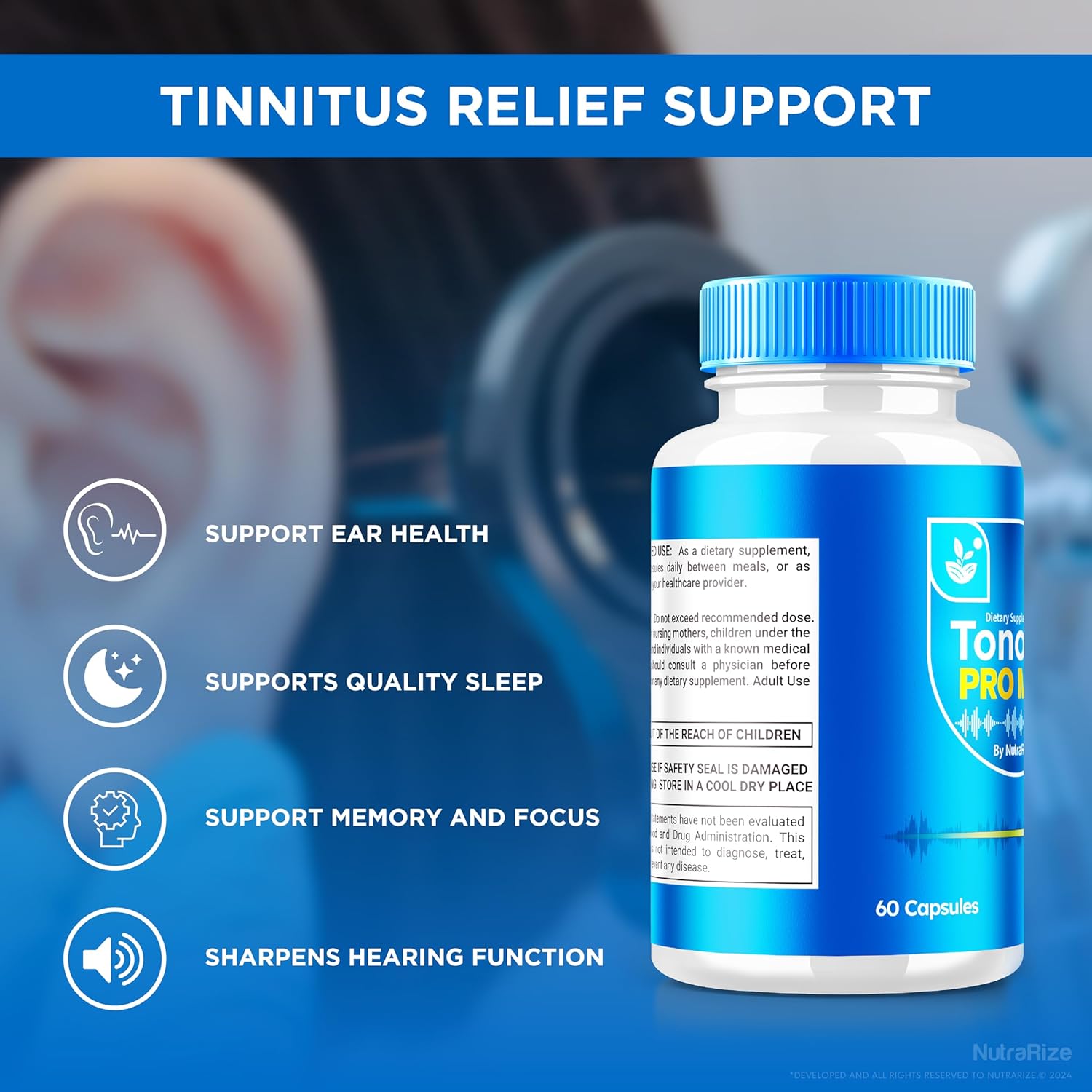 3 Pack NutraRize Tonosin Pro Max Capsules - Official All-Natural Supplement for Inner Ear Health - Premium Hearing Support - TonosinProMax Reviews - 180 Capsules