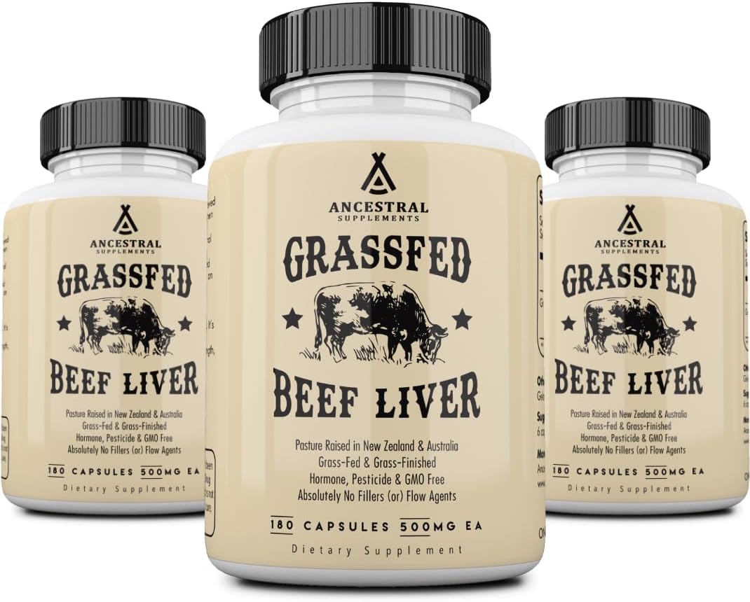 3-Pack of Ancestral Supplements Grass-Fed Beef Liver Capsules for Energy, Digestion, and Immunity - 180 Capsules