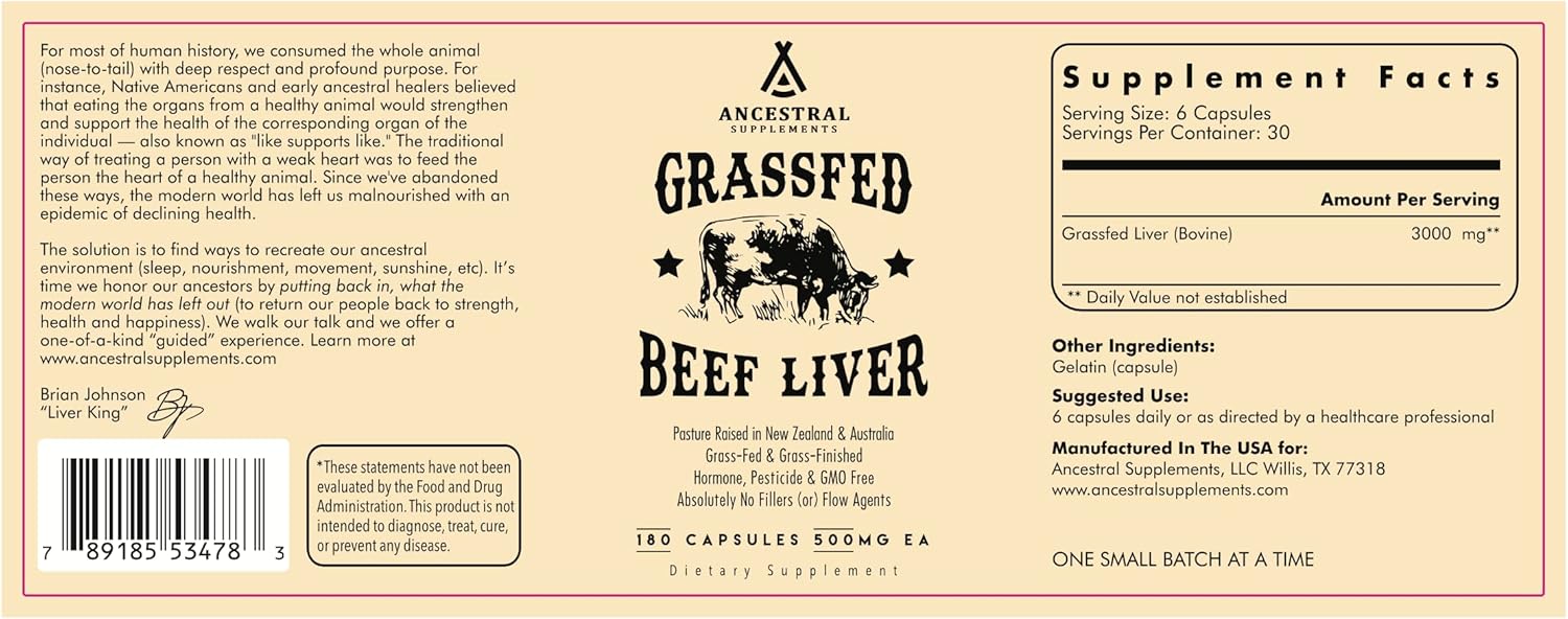 3-Pack of Ancestral Supplements Grass-Fed Beef Liver Capsules for Energy, Digestion, and Immunity - 180 Capsules
