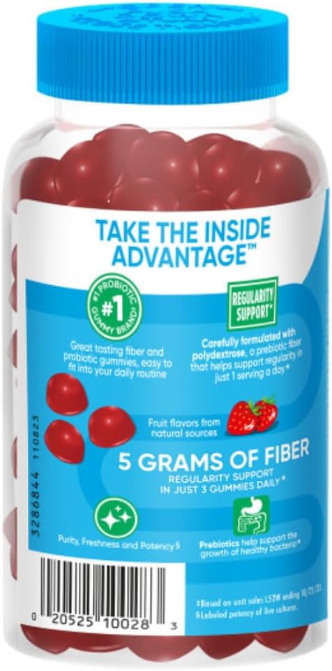 3 Pack of Digestive Advantage Prebiotic Fiber Gummies with Probiotics for Adults - Strawberry Flavor, 60 Count