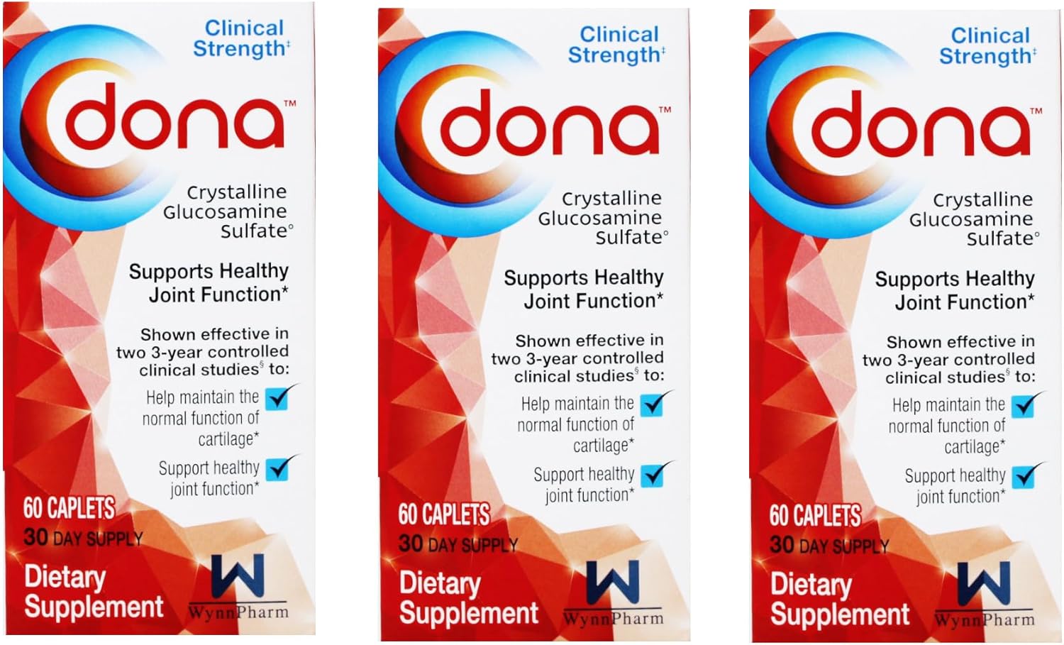 3 Pack of DONA Crystalline Glucosamine Sulfate Caplets - 180 Capsules in Total