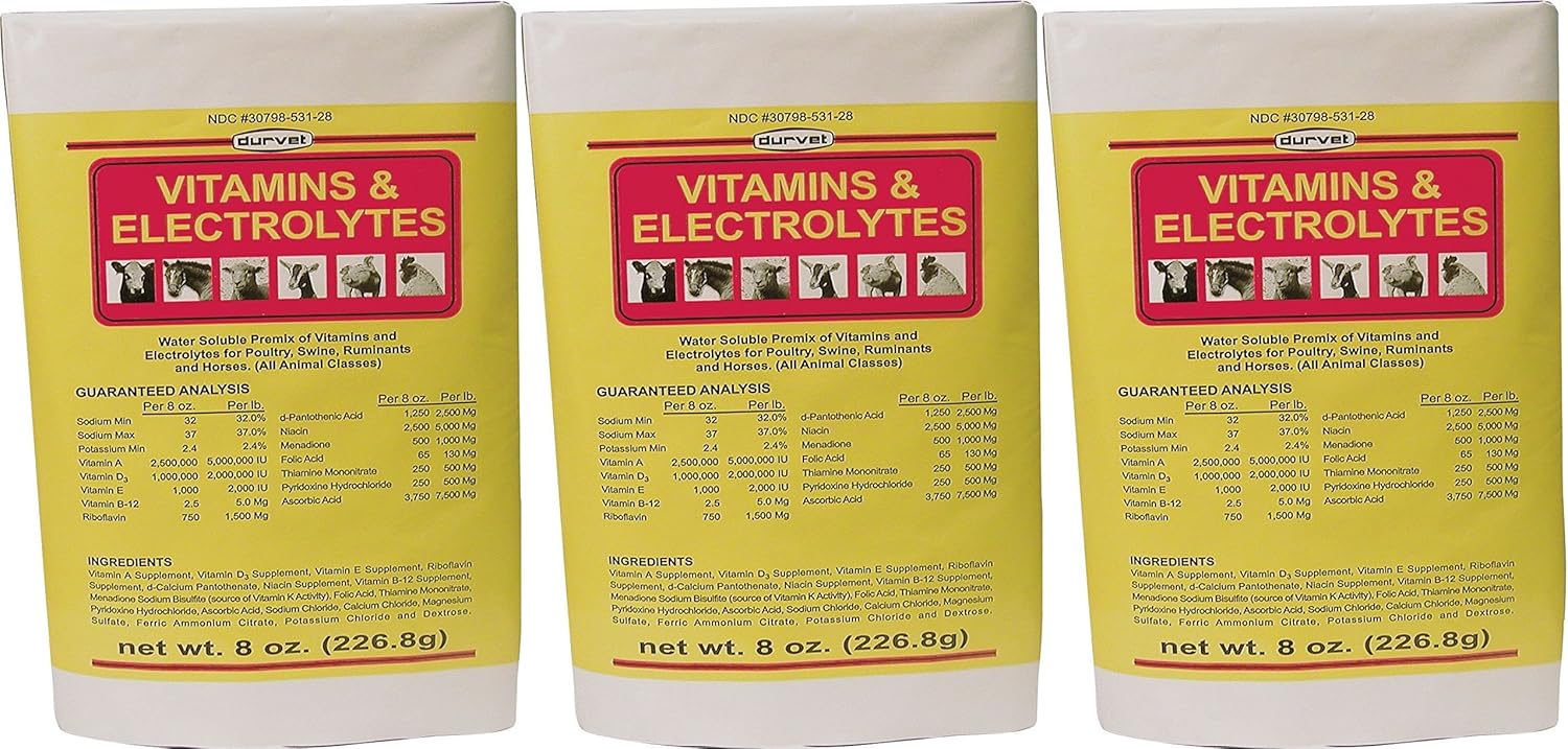 3 Pack of DURVET 136028 Vitamins & Electrolytes, 8 oz Each - Essential Nutrients for Poultry