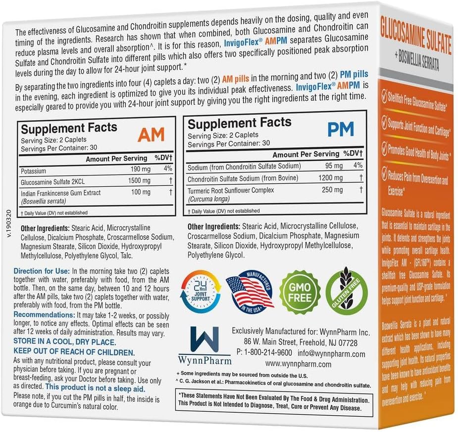3 Pack of Generic INVIGOFLEX® AMPM - Premium Joint Supplement with Glucosamine, Chondroitin, Turmeric, and Boswellia Serrata for Knees, Hands, Back, and Hip - Non GMO - 24 Hour Support