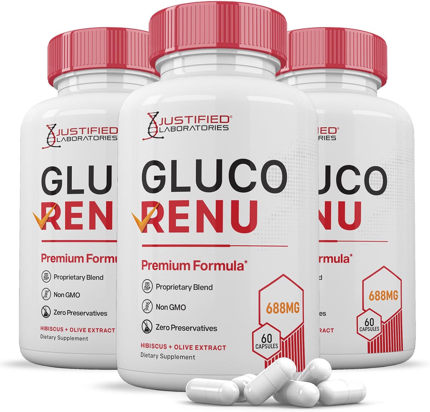 3 Pack of Gluco Renu Glycogen Support Pills with Premium Formula - 180 Capsules - Justified Laboratories Sugar Balance Supplement